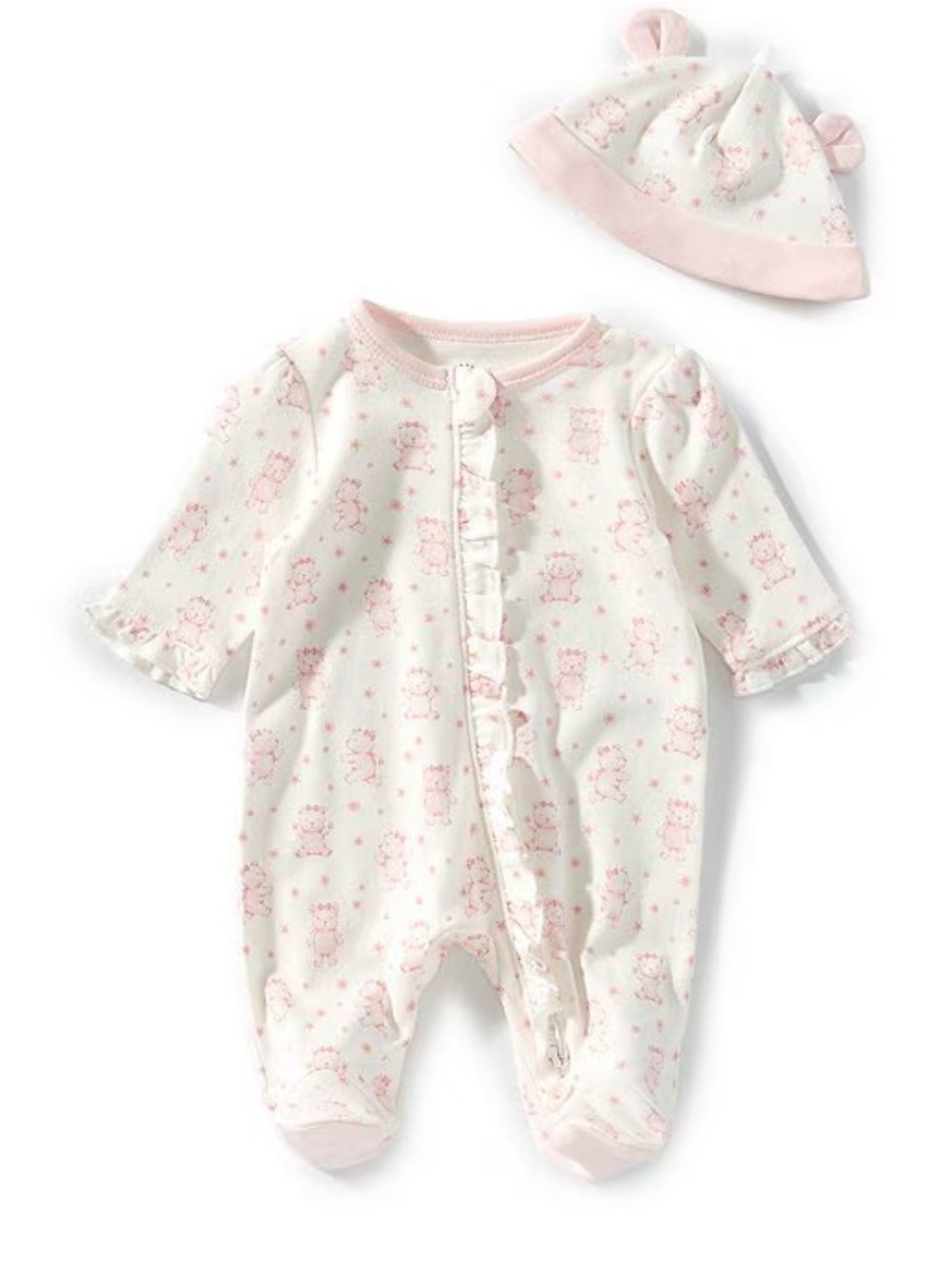 Little Me Pink & White Ruffle Front Footie with Matching Hat